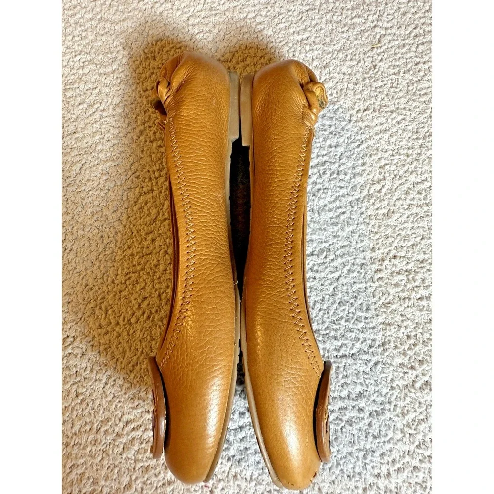 TORY BURCH Flats Minnie Travel Ballet Shoe Women 8M Tan Genuine Leather Logo